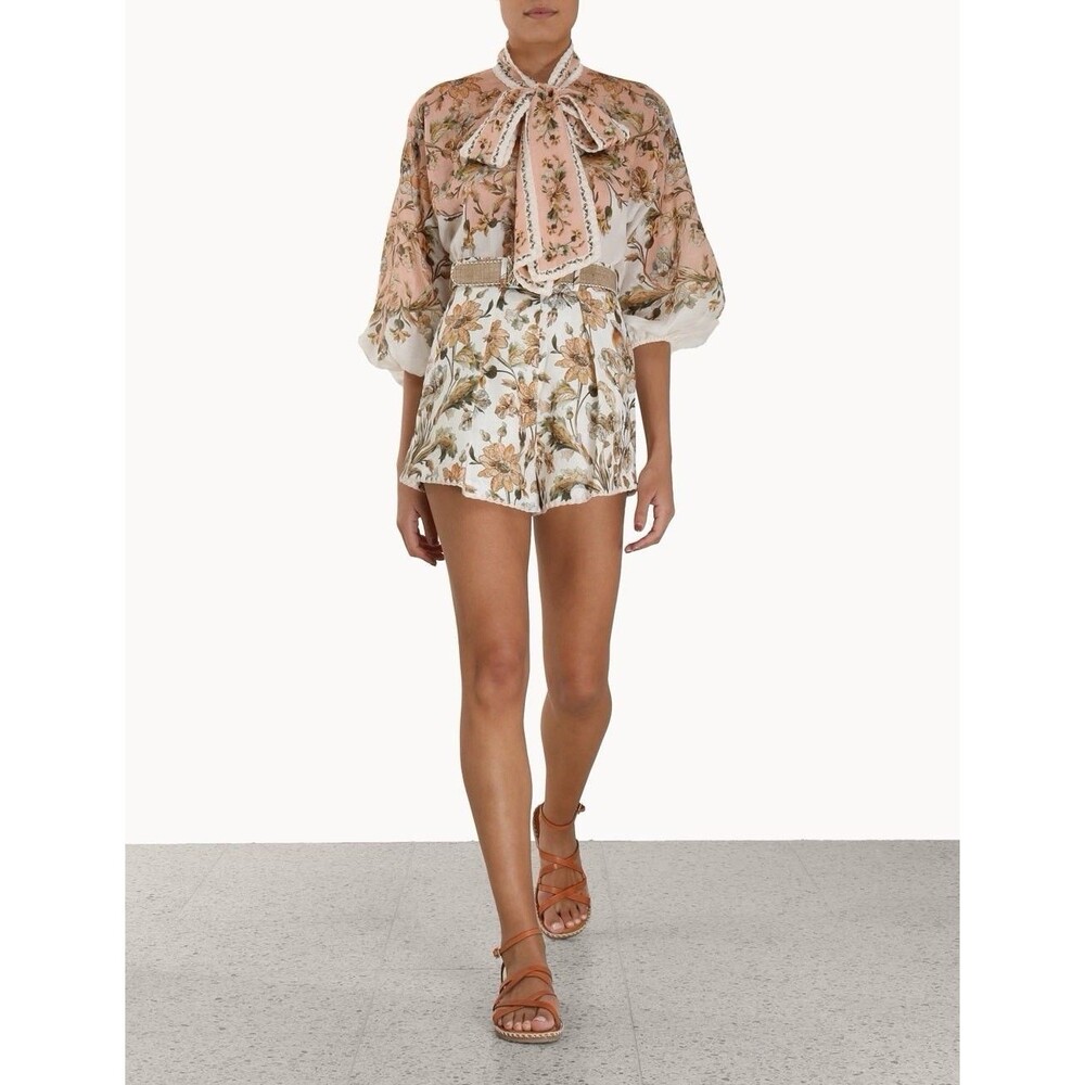 Zimmerman CHINTZ TUCK SHORT Linen Crème Floral Shorts Beige Brown (No Belt) US 8 - Picture 2 of 16